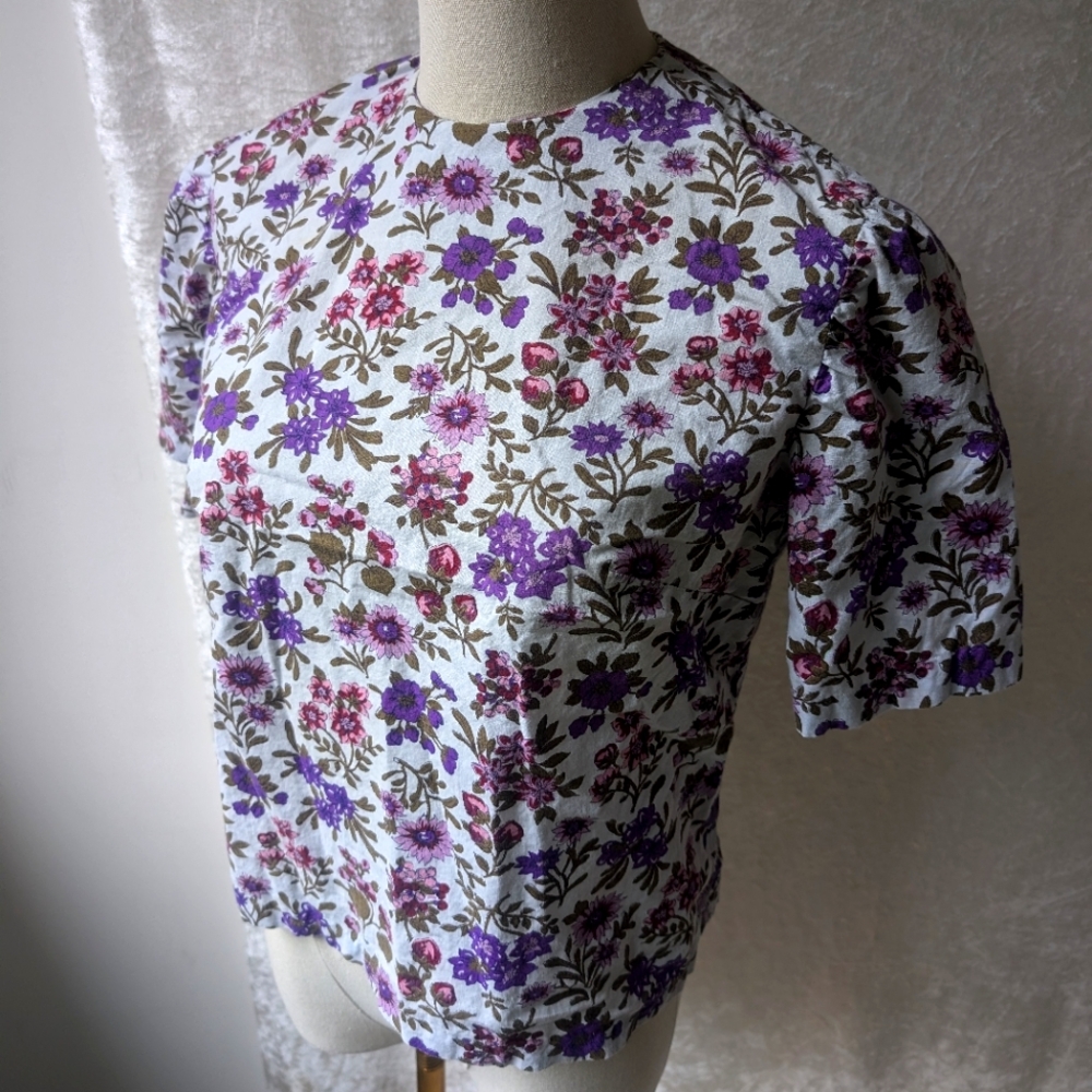 Vtg Floral Purple Puff Sleeve Blouse